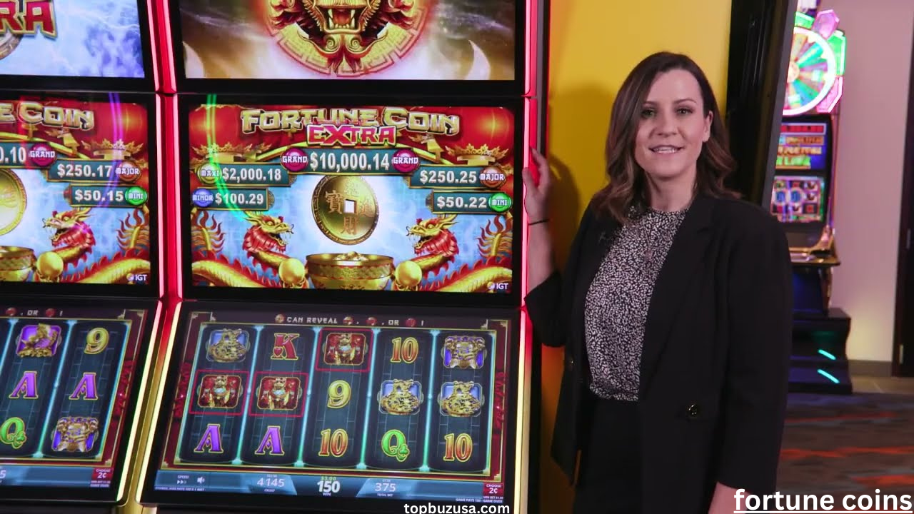 a woman standing next to a slot machine